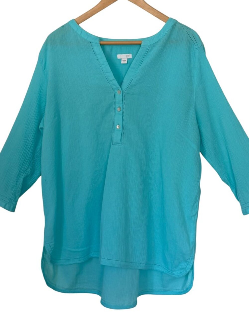 J.Jill 100% Cotton Gauze Ladder-Stitch Split V-Neck Henley Popover Tunic Aqua XL